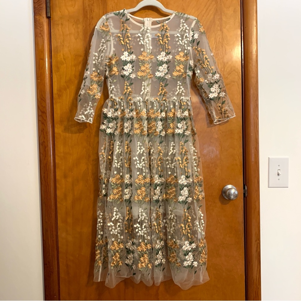 BLUEOXY Embroidered Floral Sheer Mesh Tulle Midi Dress